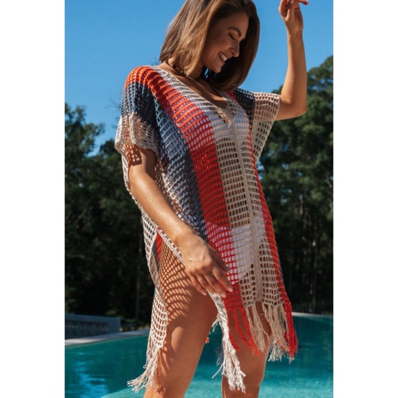 Multi color crochet fringe bathing suit cover S M L - Picture 2 of 8